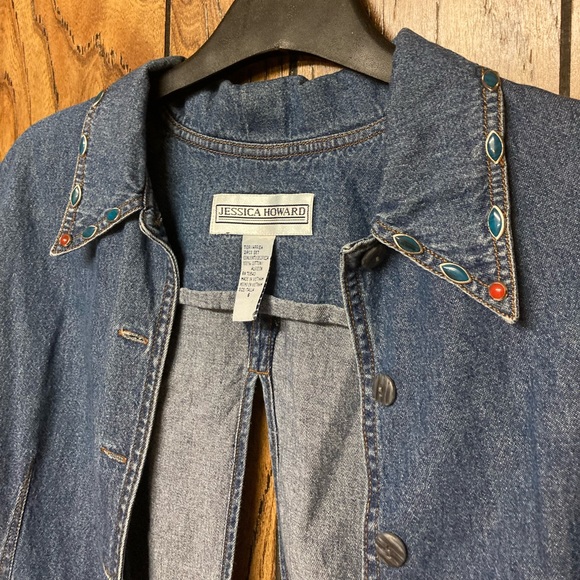 Jessica Howard Women’s Blue Denim Short Sleeve Button Up Jacket w Open Back M - Picture 4 of 7